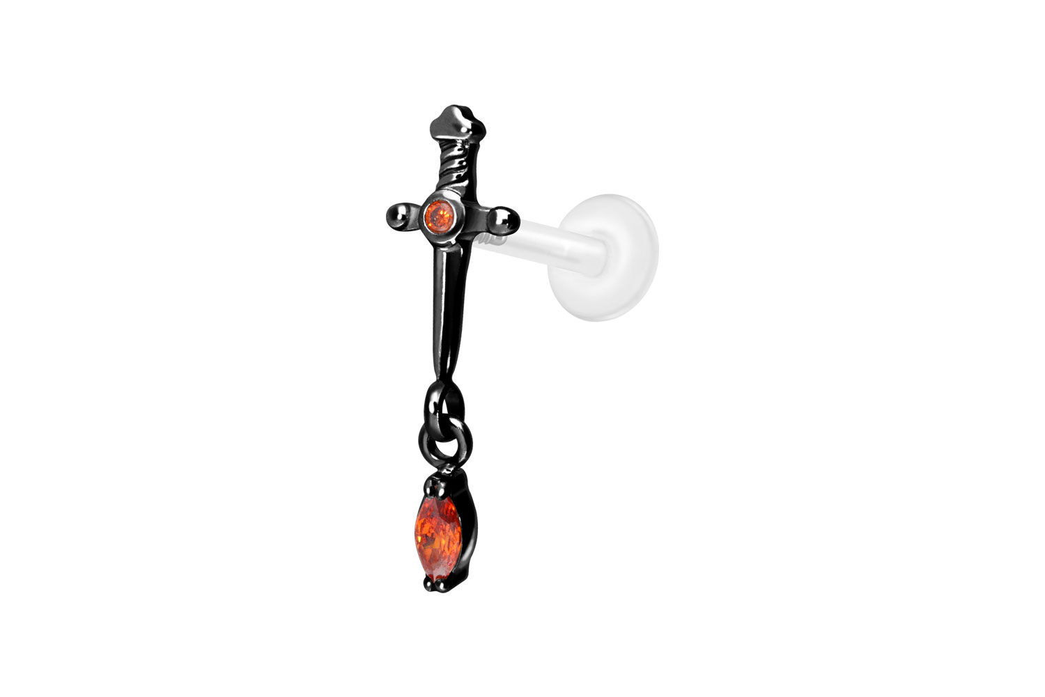 PTFE Labret Piercing mit Innengewinde + Titan-Aufsatz DOLCH + KRISTALLTROPFEN